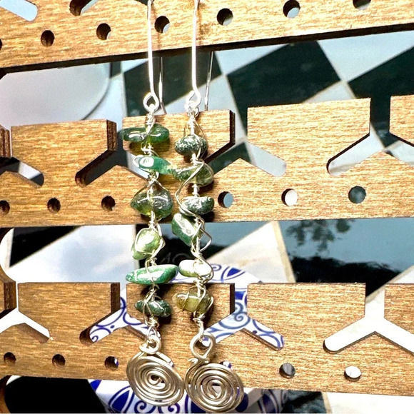 moss agate silver dangle drop very long earrings/Manifesting abundance - Picture 2 of 5